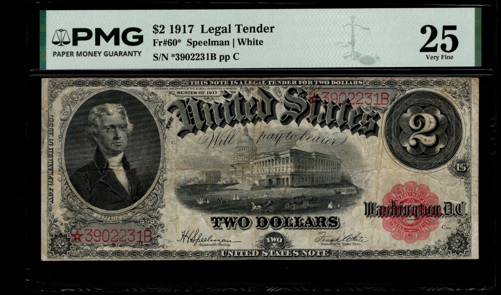 Two Dollar Legal Tender Star Note PMG 25 FR 60 1917 $2 Bracelet Back