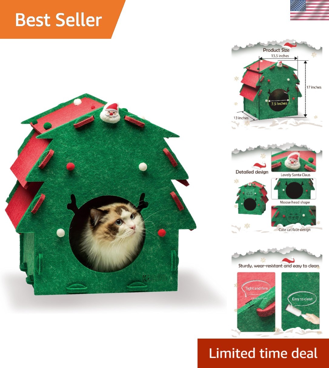 KAQJW Christmas Detachable Felt Cat Bed Condo Shelter House for Indoor Use - ...