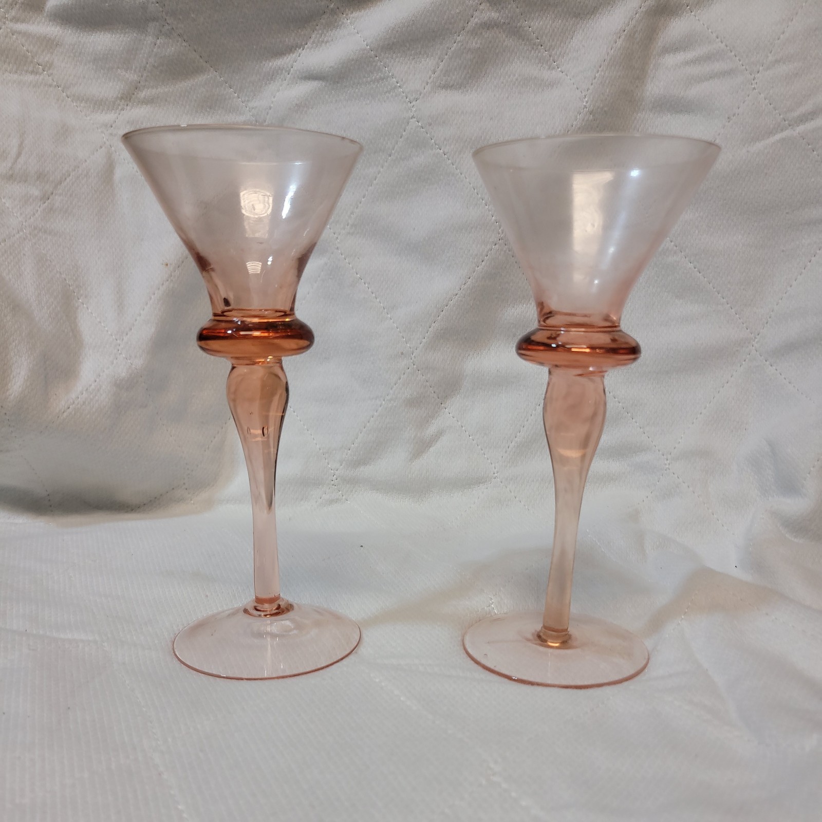 Vintage Hand Blown Art Glass Cordial Stems Pink ~7" Set of 2  