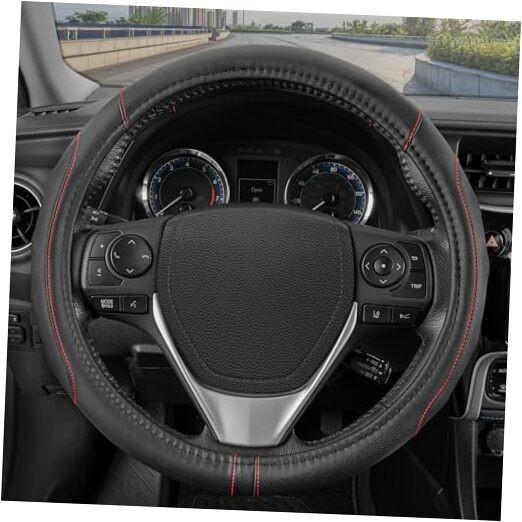  GripDrive Faux Black Leather Steering Wheel Cover for Car Truck Van SUV, 