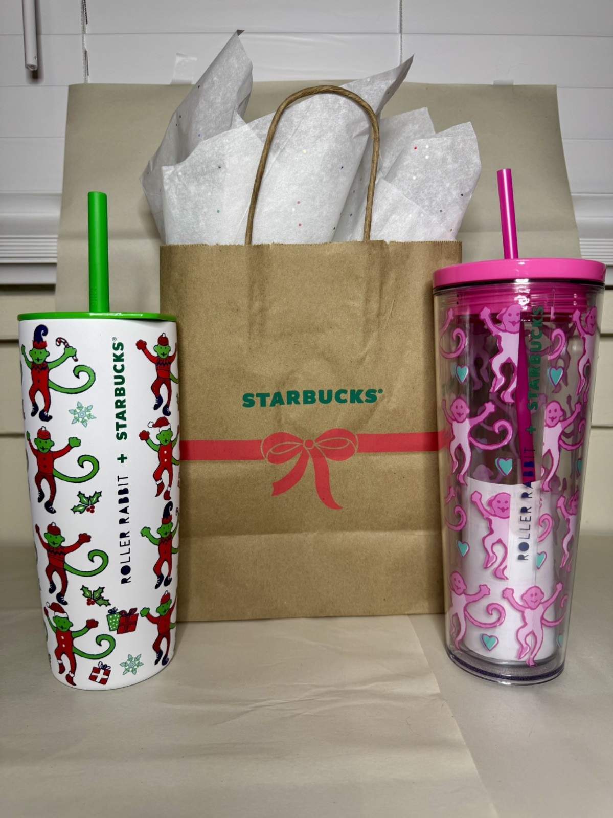 Roller Rabbit Starbucks Target Set 2 Tumblers Pink Cold & Stainless Steel 24oz