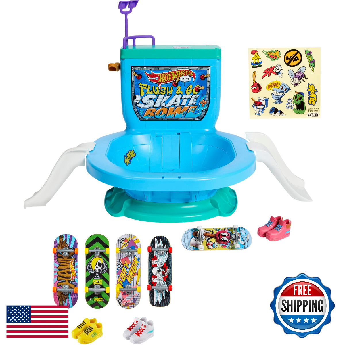 Hot Wheels Skate Flush & Go Skate Park with Exclusive Fingerboard & Shoes