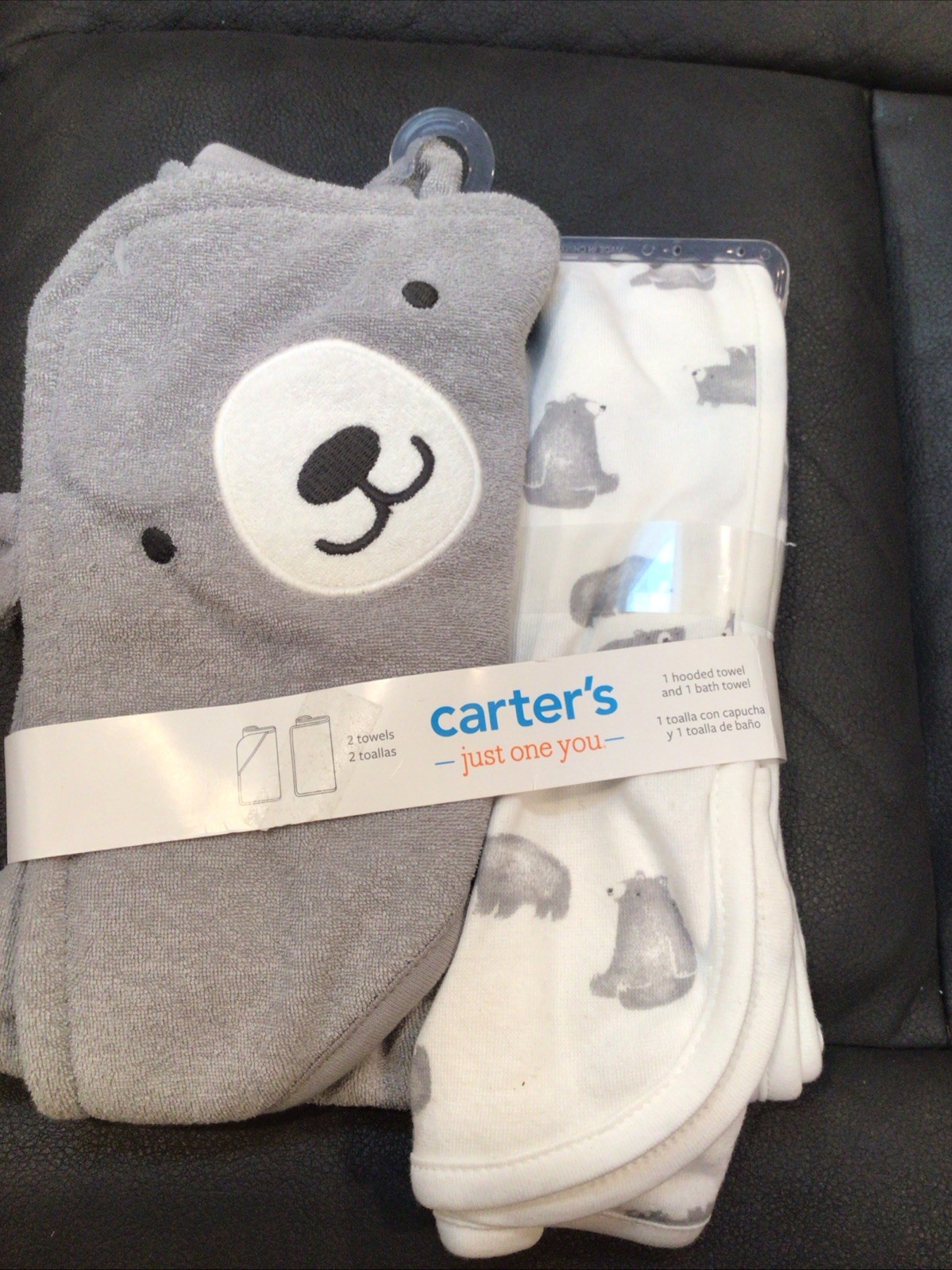 Carter's Just One You Baby Bear Bath Towel Set - Gray / White New