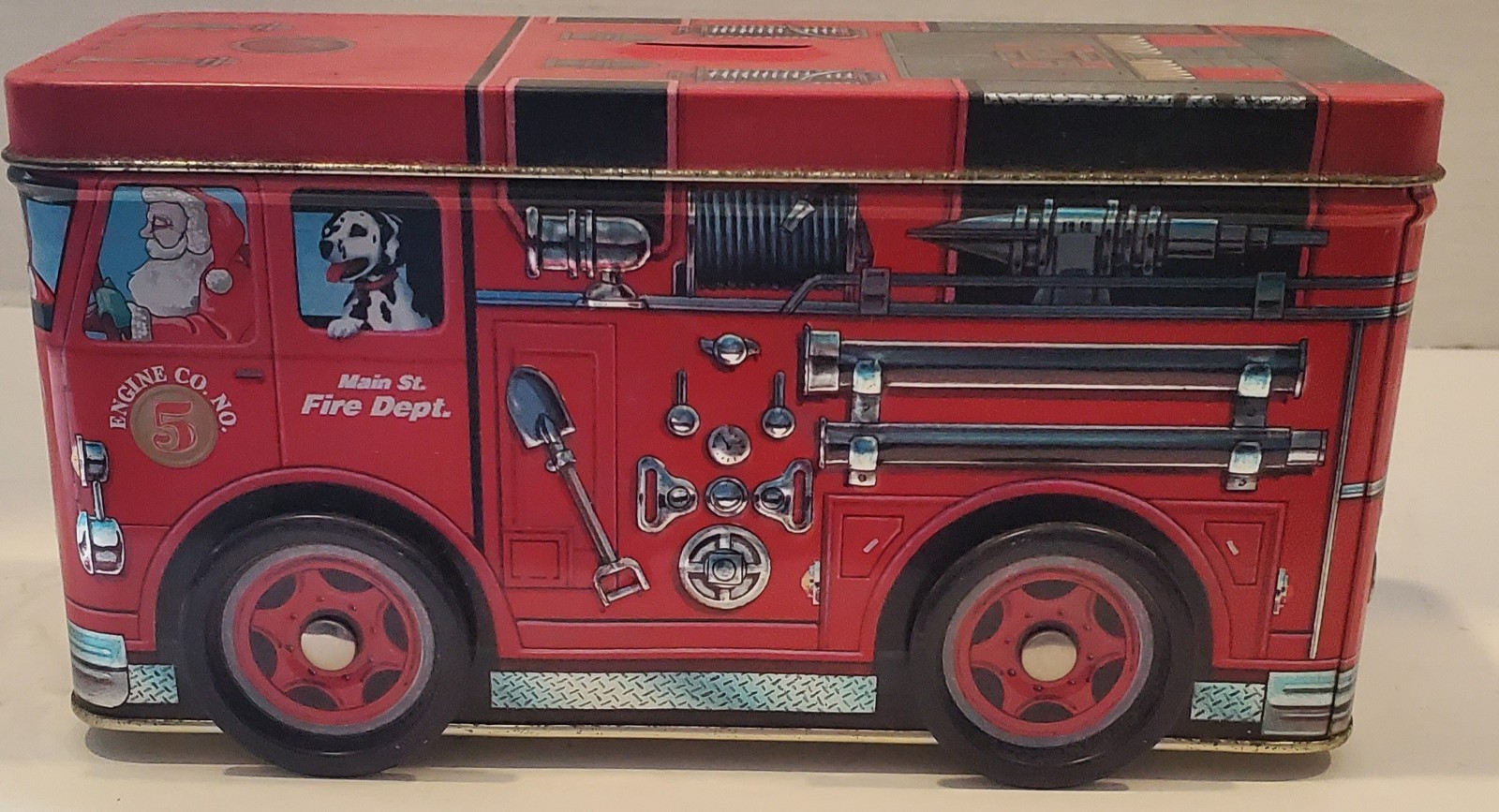 Tin Box Co North Pole Fire Department Tin Firetruck Coin Bank ~ Wheels Roll