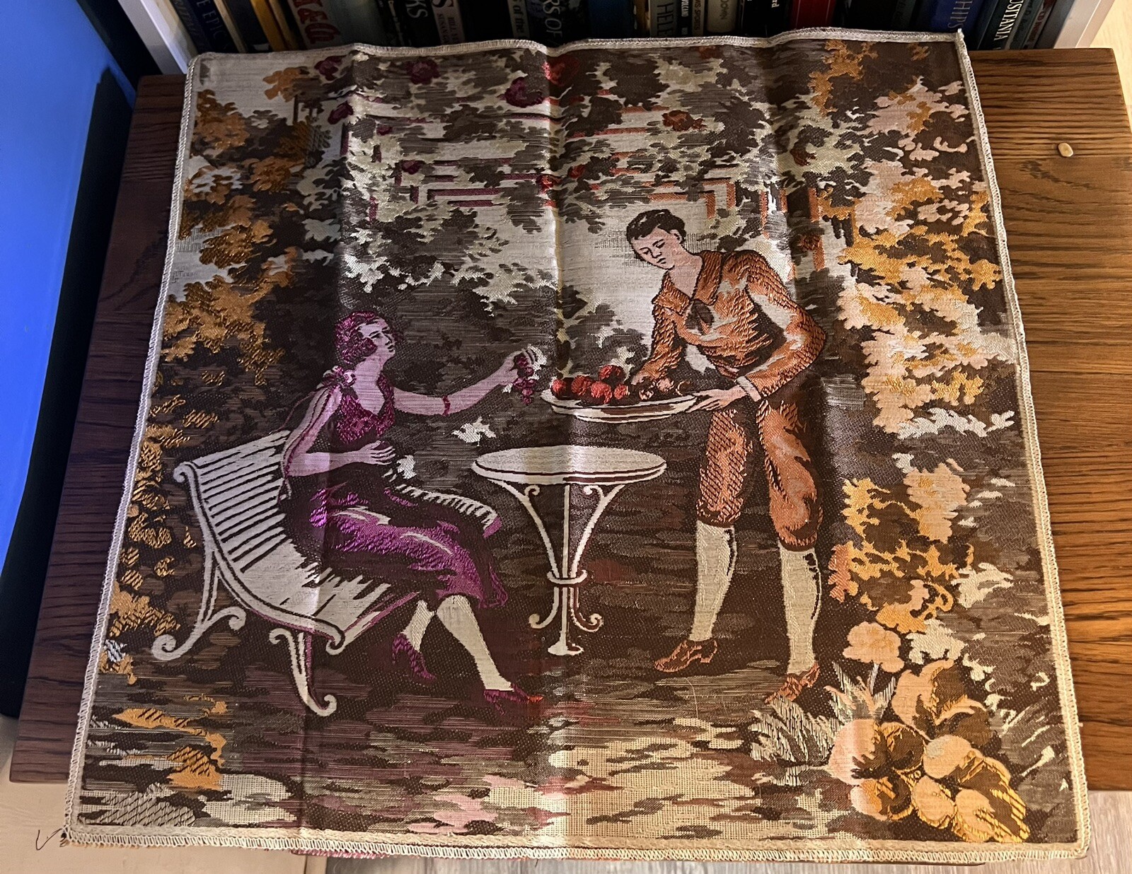 Vintage Tapestry Man And Woman 1930’s With Fruit 20”x20” Brown Purple