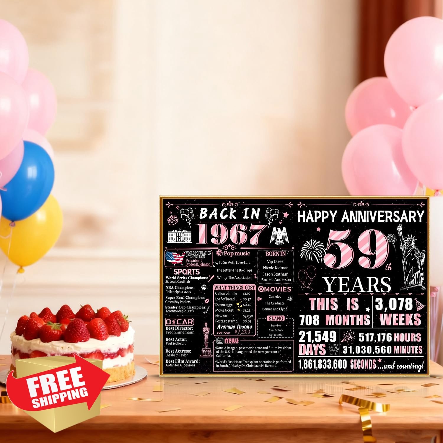 VivaGem 59th Anniversary Jumbo Card Black Gold 1967 Retro Gift