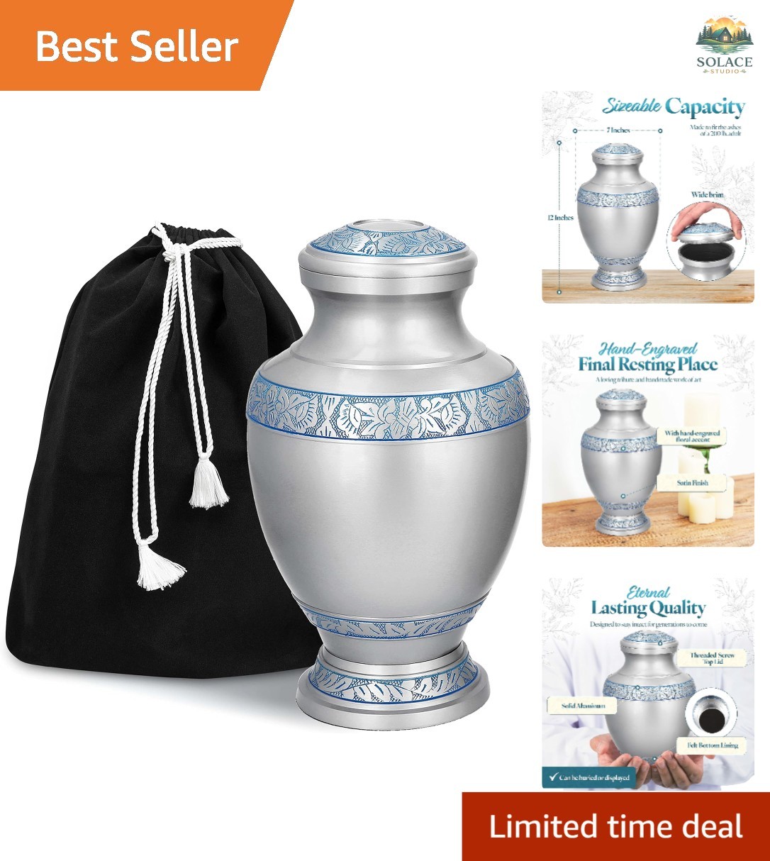 Beautifully Engraved Aluminum Urn for Adult Ashes - Large 200 Cubic Inch