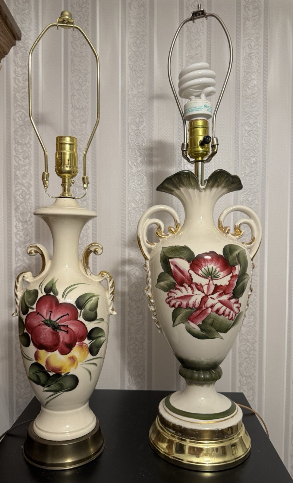 Pair of Ceramic Floral Table Lamps Cream Red Green Pink Glossy Finish Indoor