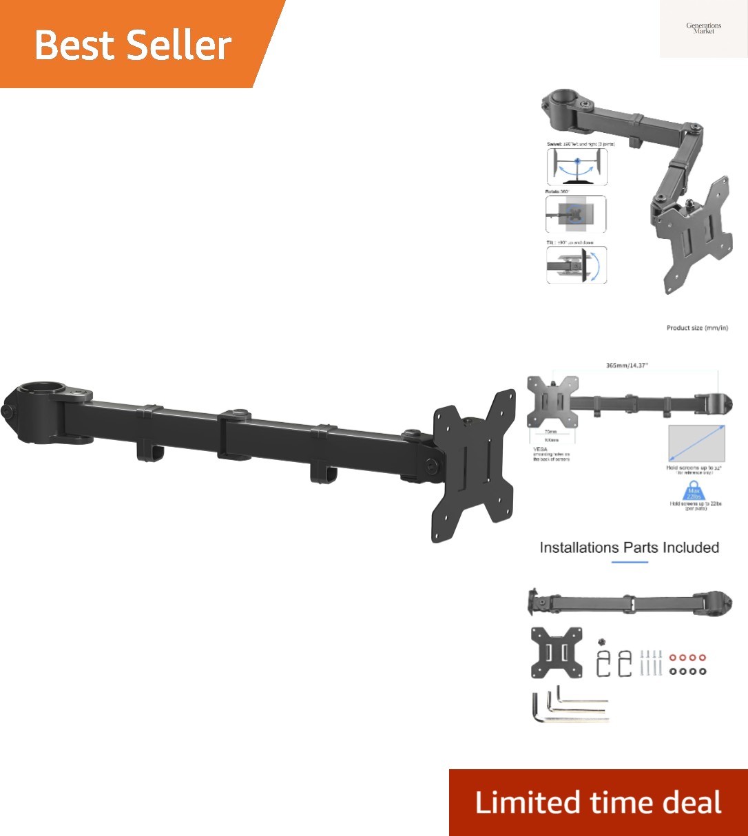 Single Monitor Arm for Desk Mount Stand,Adjustable Monitor Arm for 13 to 32 i...