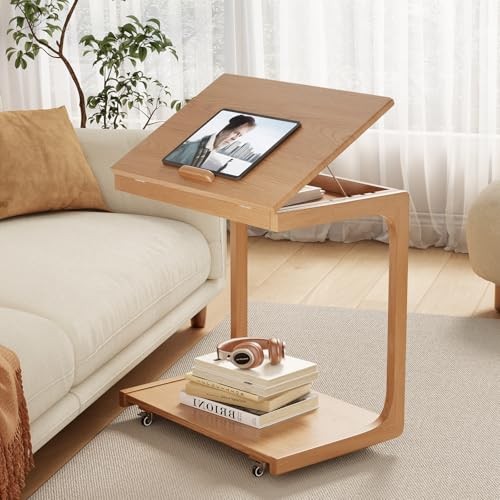  Wooden C-Shaped End Table,Couch 15.6"D x 23.6"W x 24.8"H Natural Modern 2 Tier