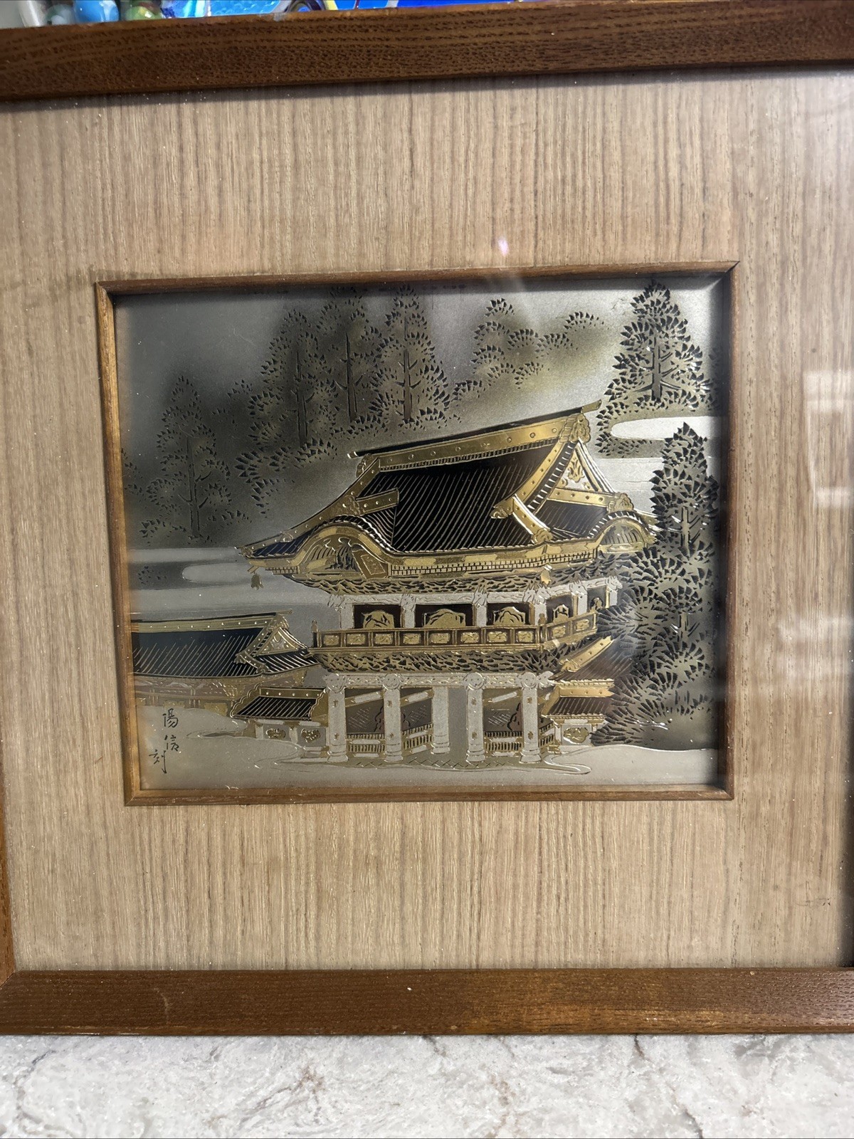 Japanese Kinkakuji Temple Gold Metal Display Panel Gold Engraved Ginbari, Framed