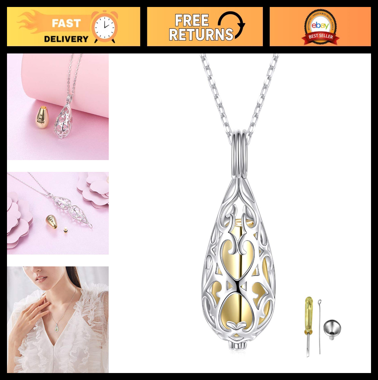 Sterling Silver Cremation Urn Necklace - Memorial Pendant for Ashes, Hollow Desi