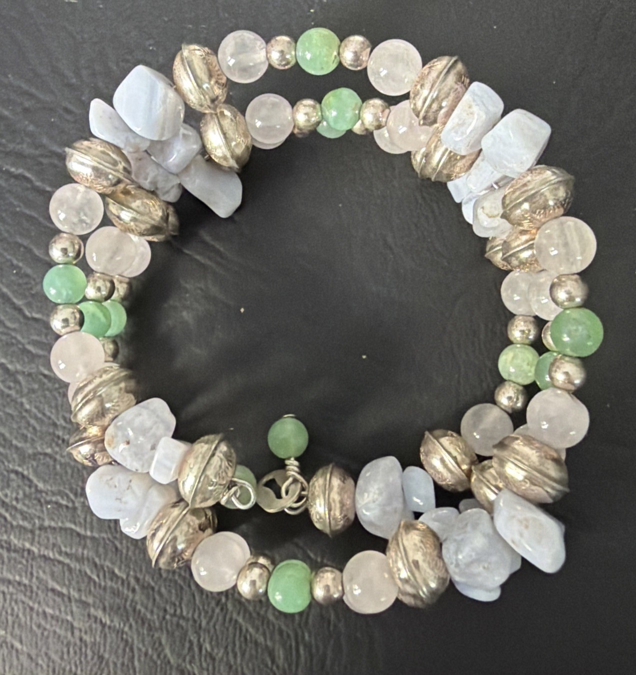 CAROLYN POLLACK-Sterling SW Agate Quartz Bead Memory Wire Cuff Bracelet