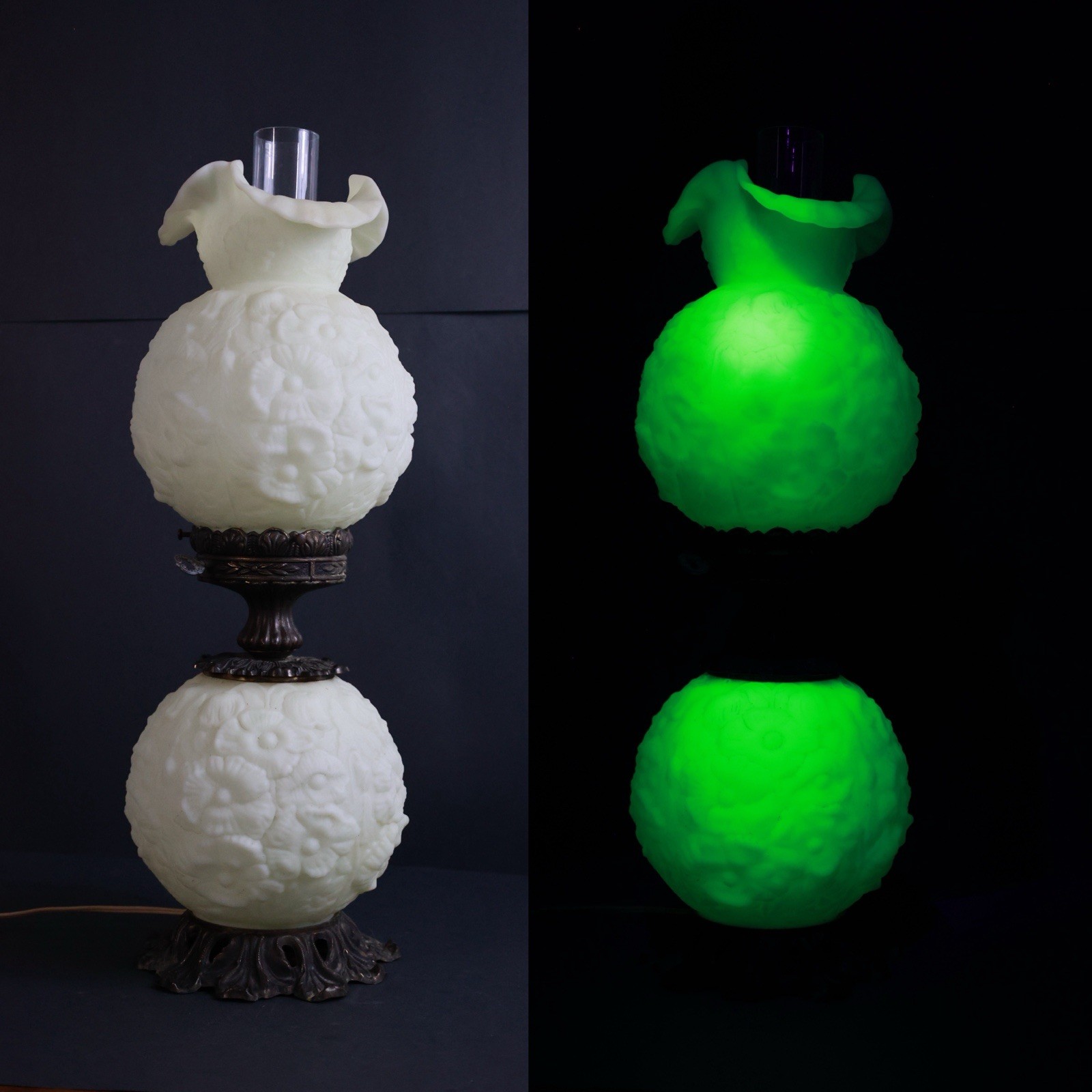 FENTON ~25"GWTW~3wy"URANIUM LAMP"POPPY"VINTAGE~70's"CUSTARD SATIN"GLASS- WORKS