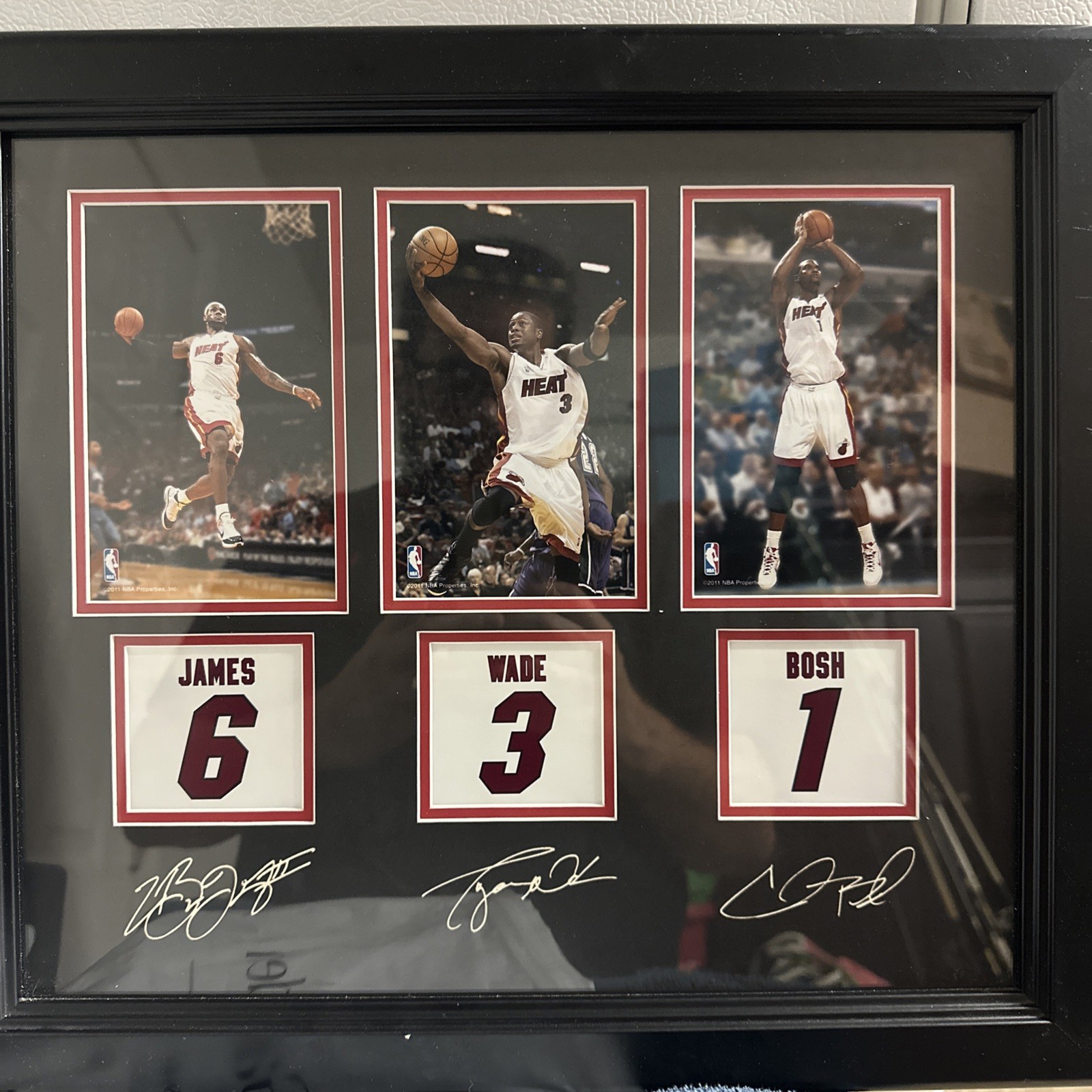Miami Heat NBA Players LeBron James, Dwyane Wade, & Chris Bosh Framed
