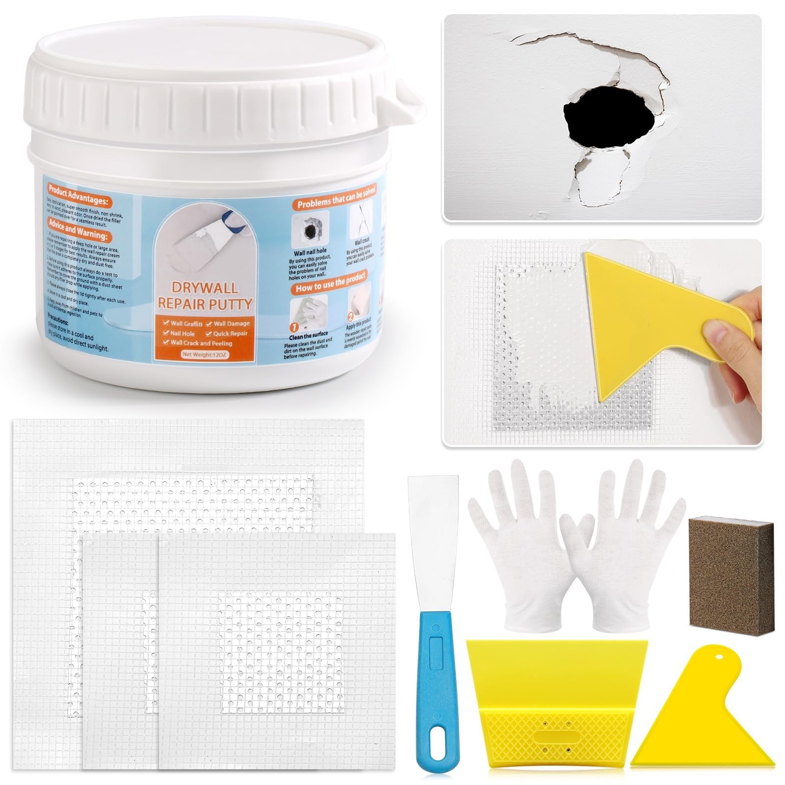 Drywall Repair Kit, Wall Surface Hole Patch Repair Kits with 12OZ White Putty...