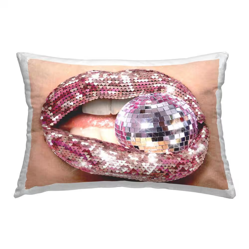 Sparkle Disco Lips Pink Geometric Polyester 14 In. X 20 In. Throw Pillow