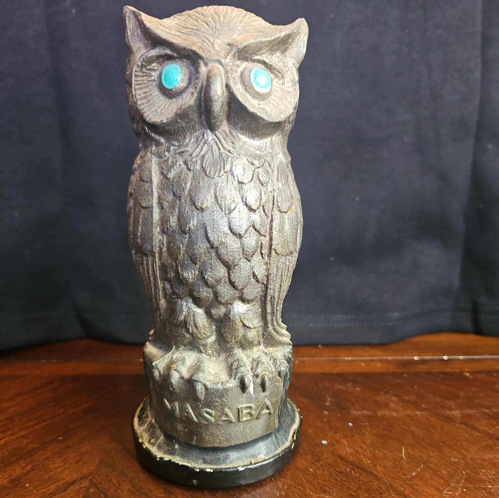 VTG METAL OWL W/ GREEN EYES COIN BANK - MANHATTAN SAVINGS BANK, STILL BANK 6"