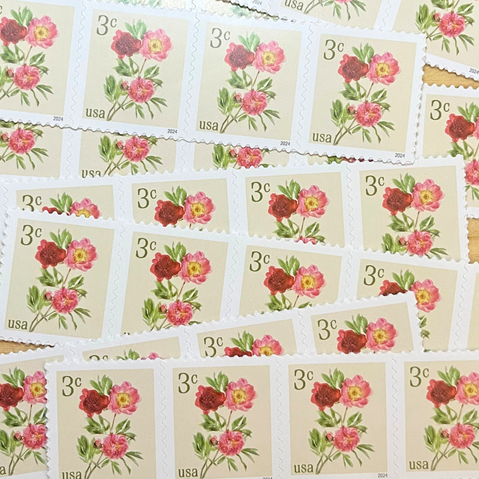 100 Peonies 3 cent USPS Postage Stamps | Unused Authentic Flower Stamps