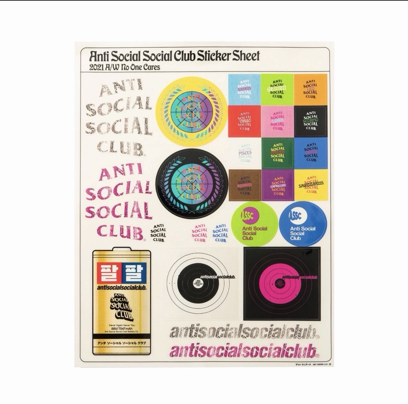 Anti Social Social Club 2021 A/W No One Cares Sticker Sheet ASSC