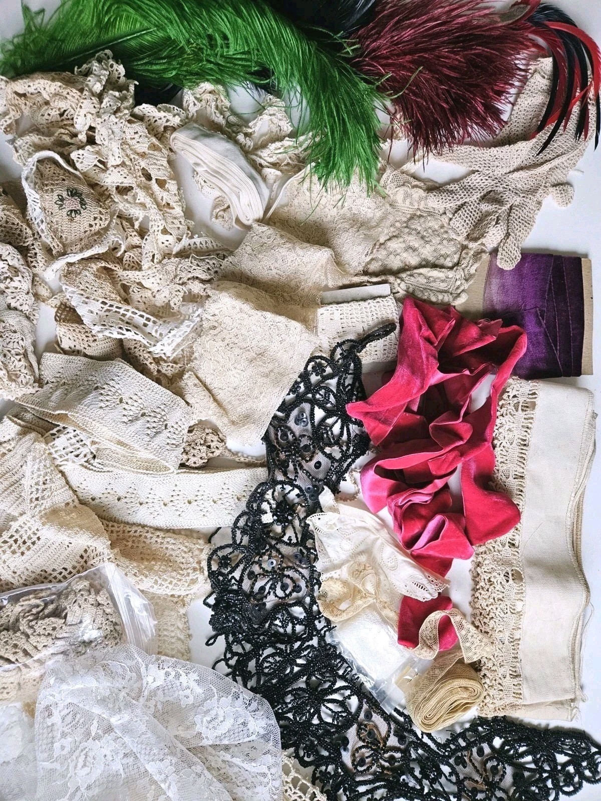 Large LOT Antique Victorian Edwardian Ribbon, Lace, Crochet, Beads, Trim Yards+