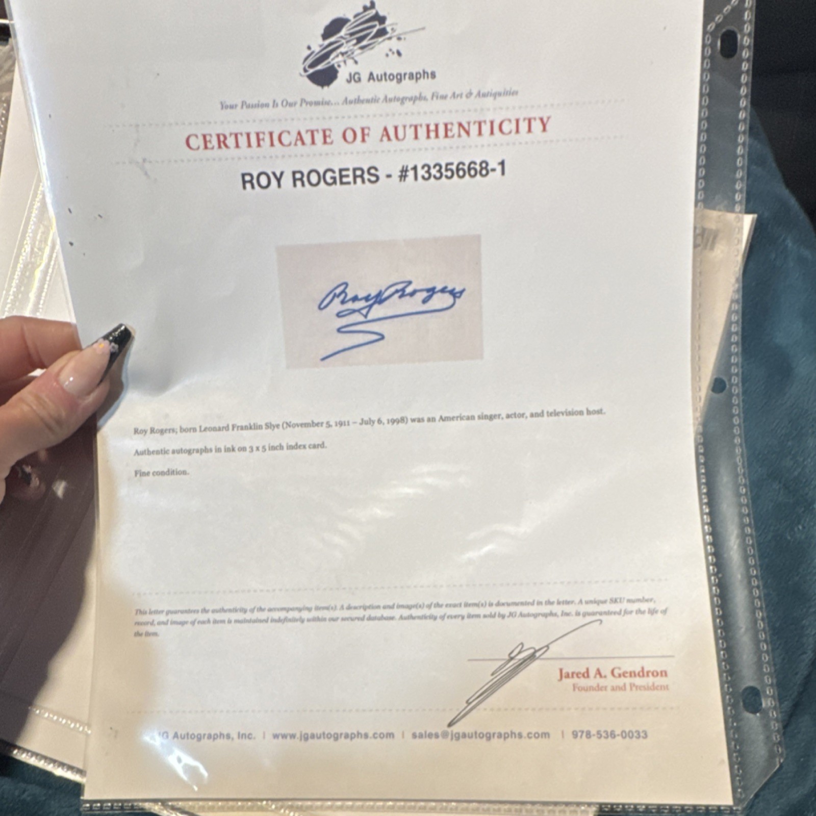 Roy Rogers Autographed Index Card JG Autographs COA Original Movies Memorabilia