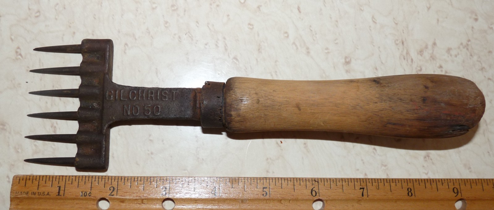 Vintage Primitive Gilchrist No. 50 6 Prong Ice Pick Chipper With Wood Handle