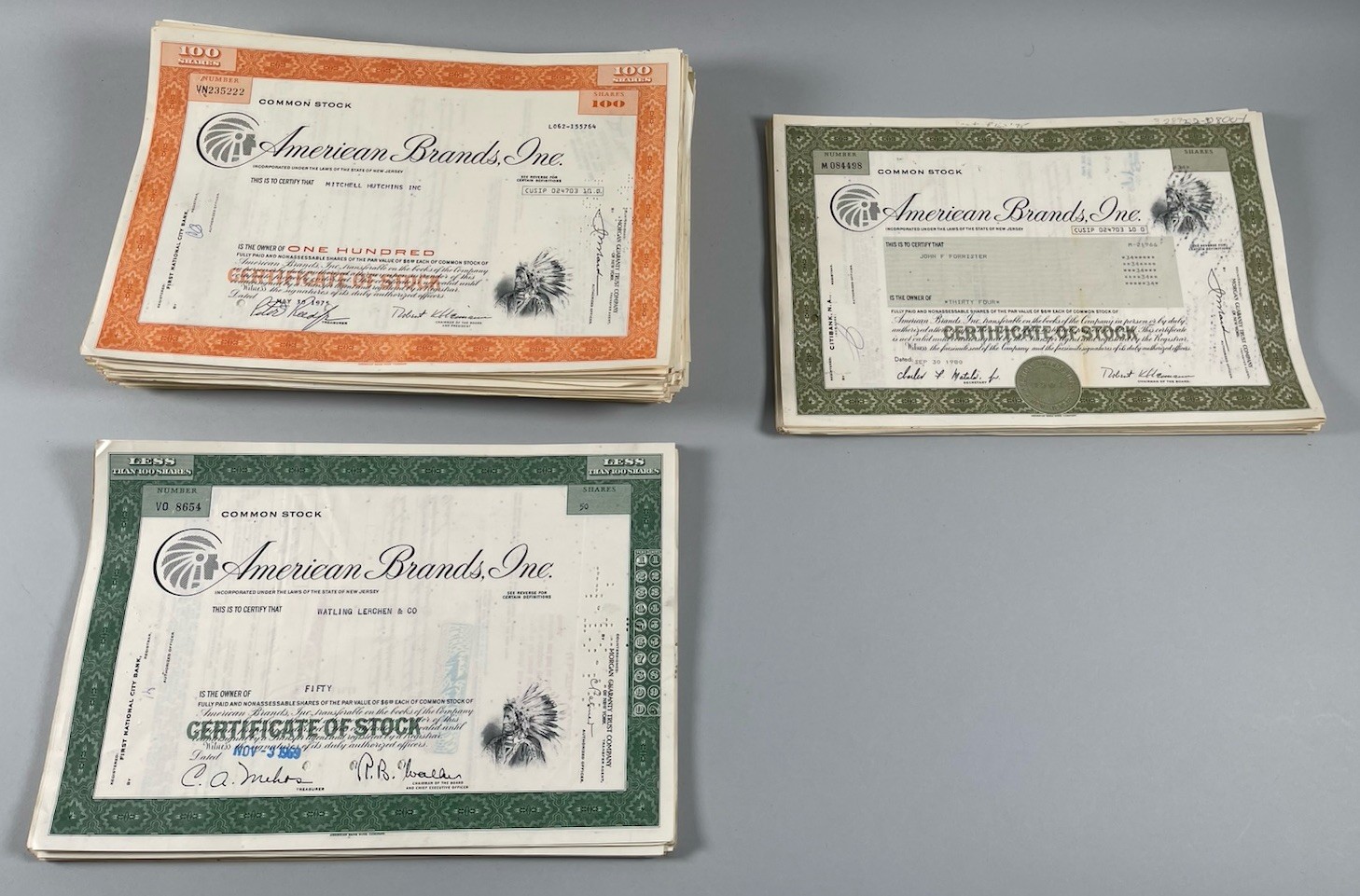 American Brands,inc. Cancelled Stock Certificate lot 3 Different Types 295 total