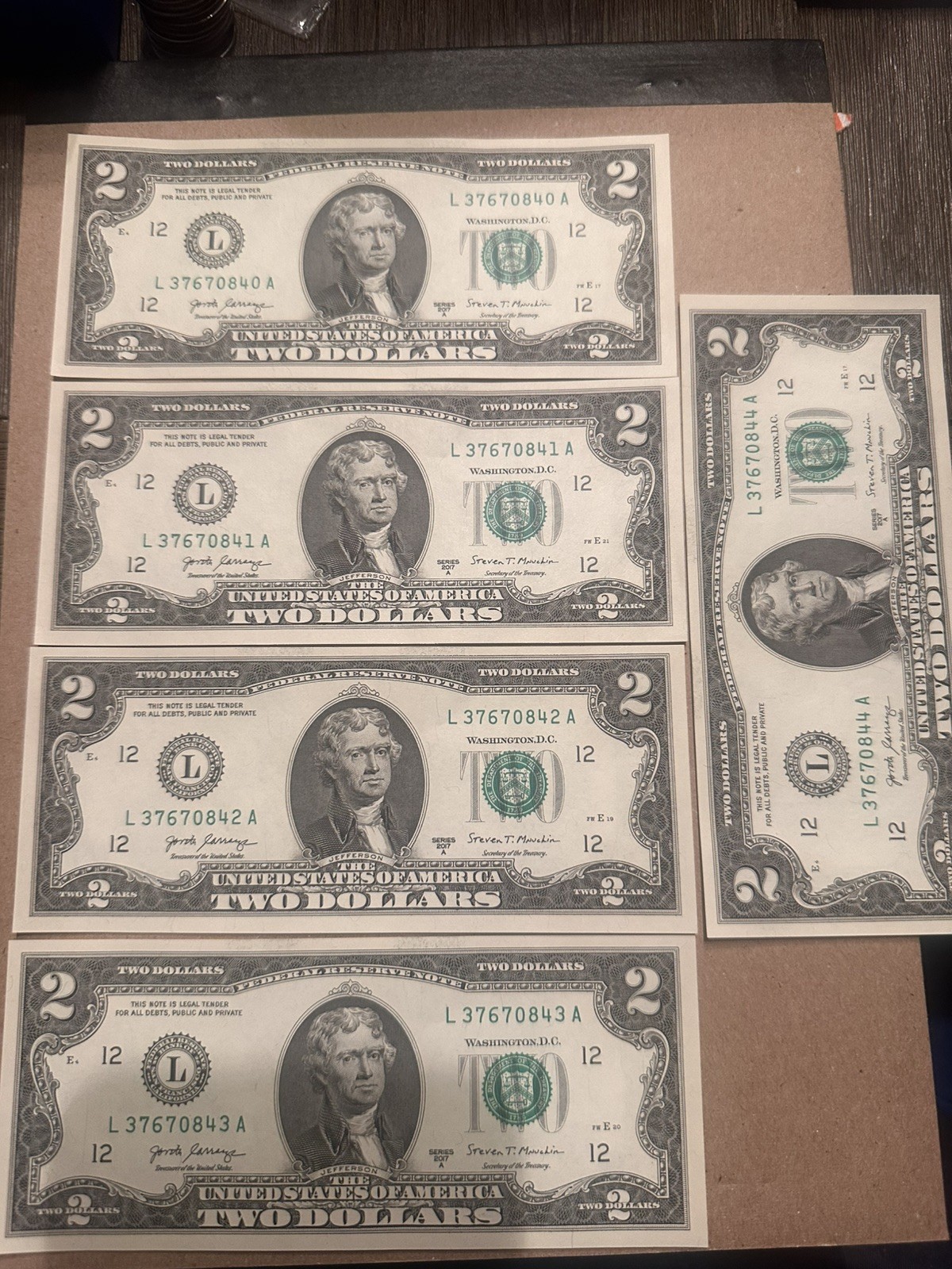 Lot of 5 Series "2017A" $2.00 UNCIRCULATED..TWO DOLLAR BILLS..Sequential! #145