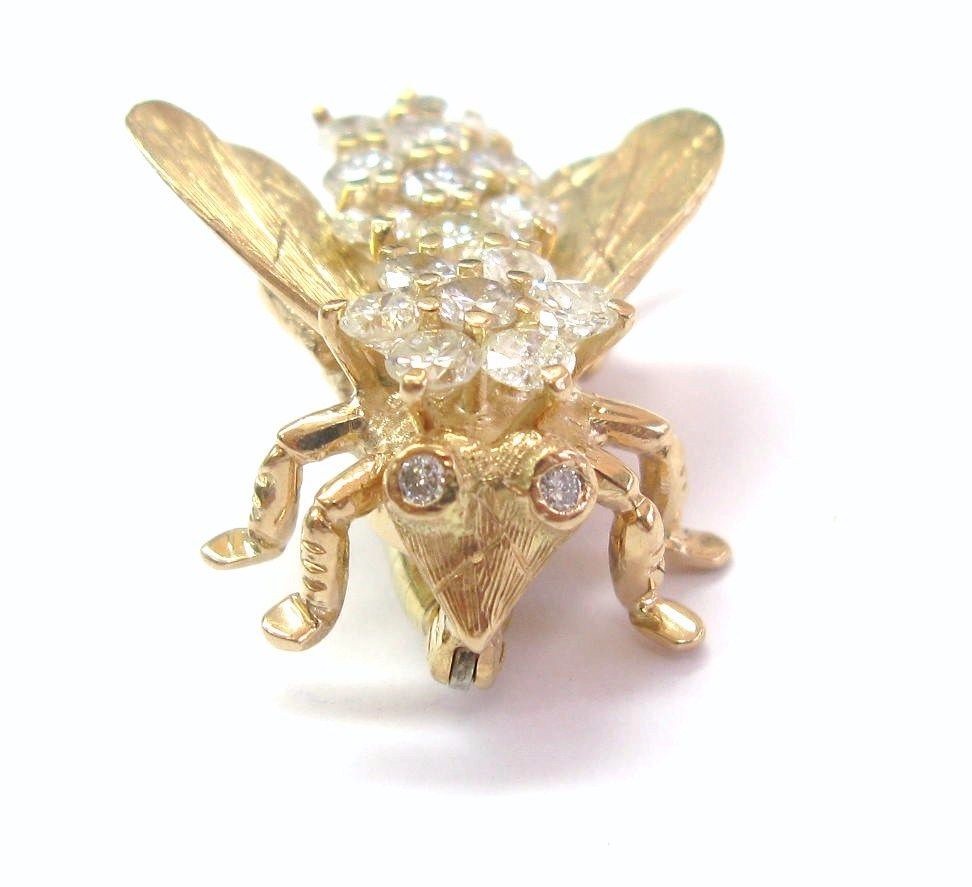 Bee Diamond Solid 14KT Yellow Gold Pin / Brooch H/VS2-SI2 1" x 1" 2.02Ct