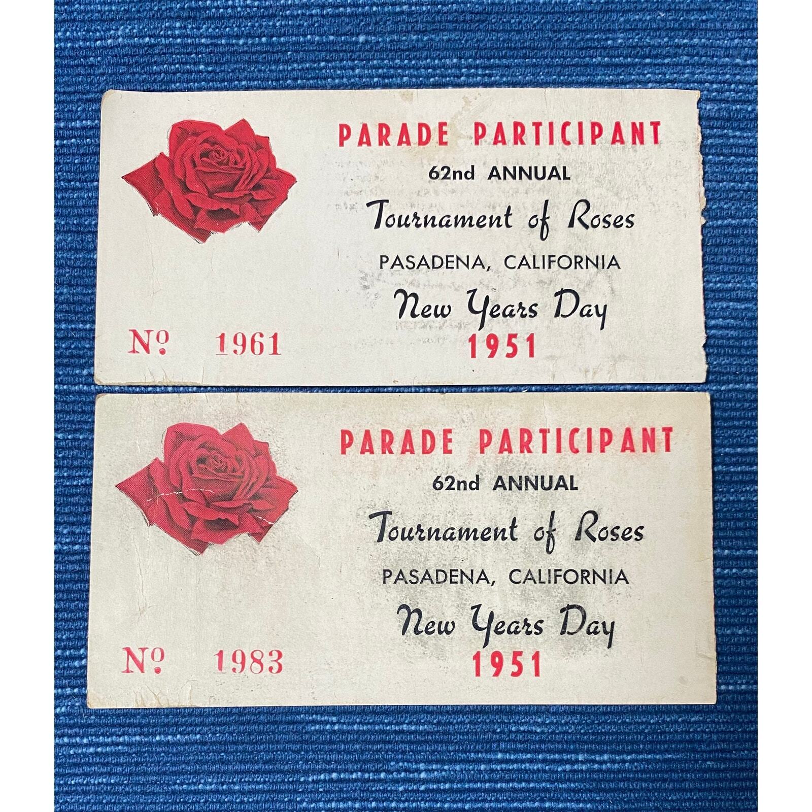Vintage 1951 Tournament of Roses Parade Participant Ticket Pair Pasadena CA 992A
