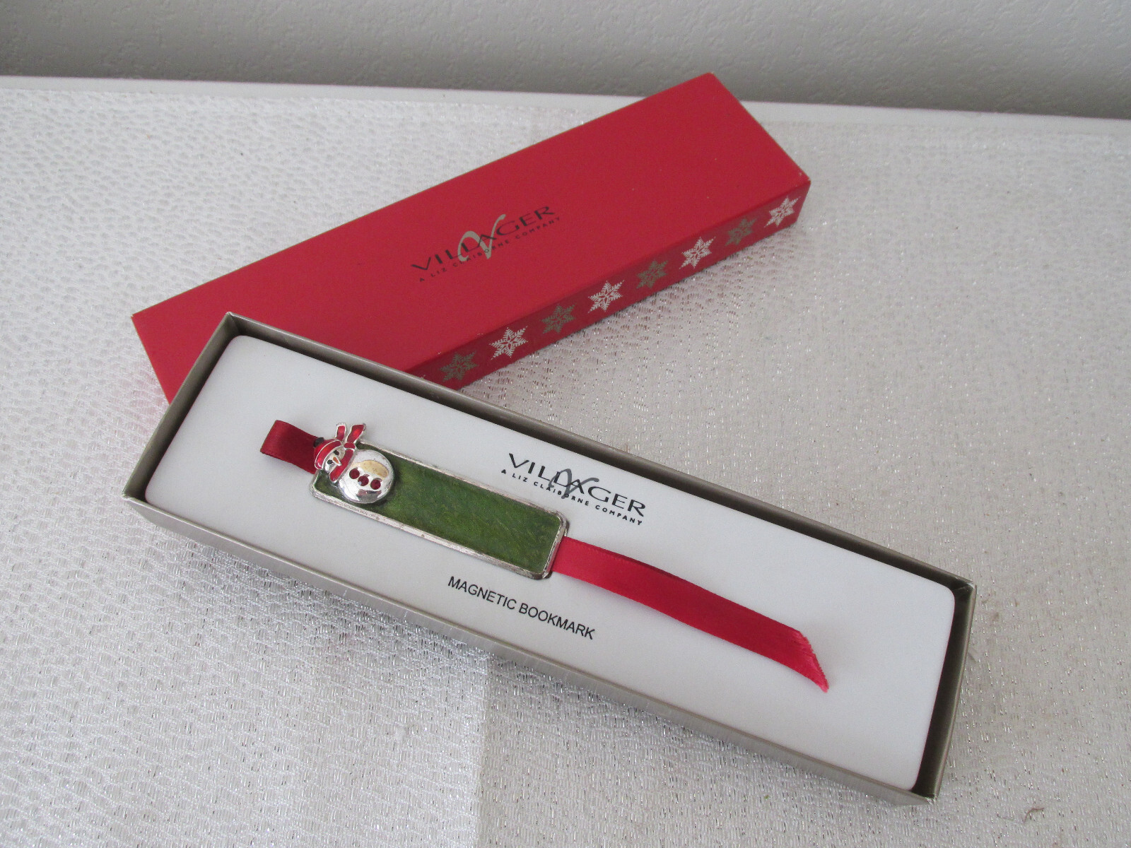 LIZ CLAIBORNE CHRISTMAS BOOK MARK MAGNETIC METAL & ENAMEL SNOWMAN NEW GIFT BOX