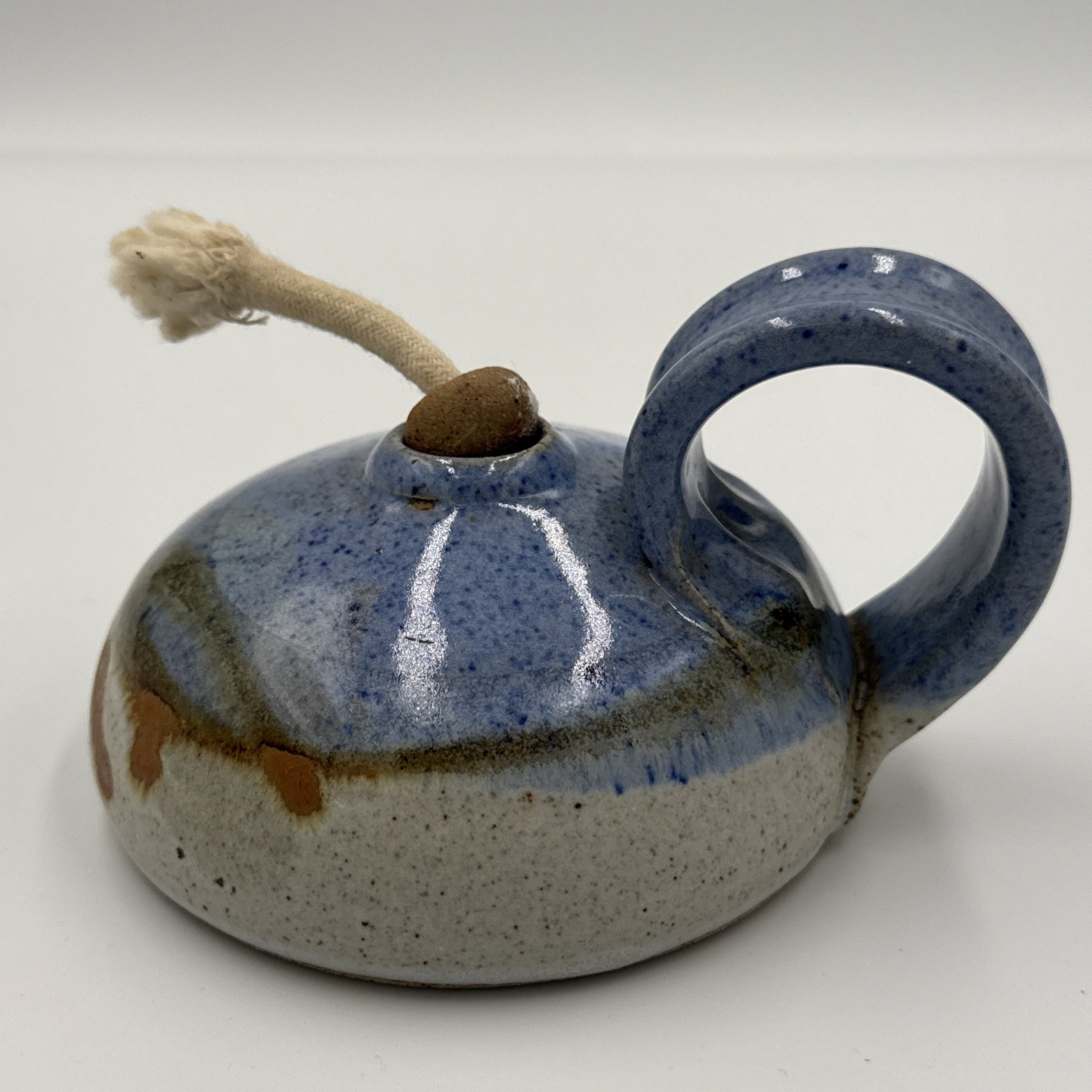 New Studio Pottery Oil Lamp With Handle Blue Glaze 3”