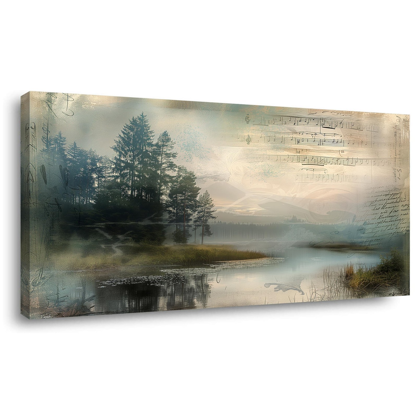 Wall Art Lakeside Forest Field Scenery Canvas Painting Music Symbols Wall Lan...
