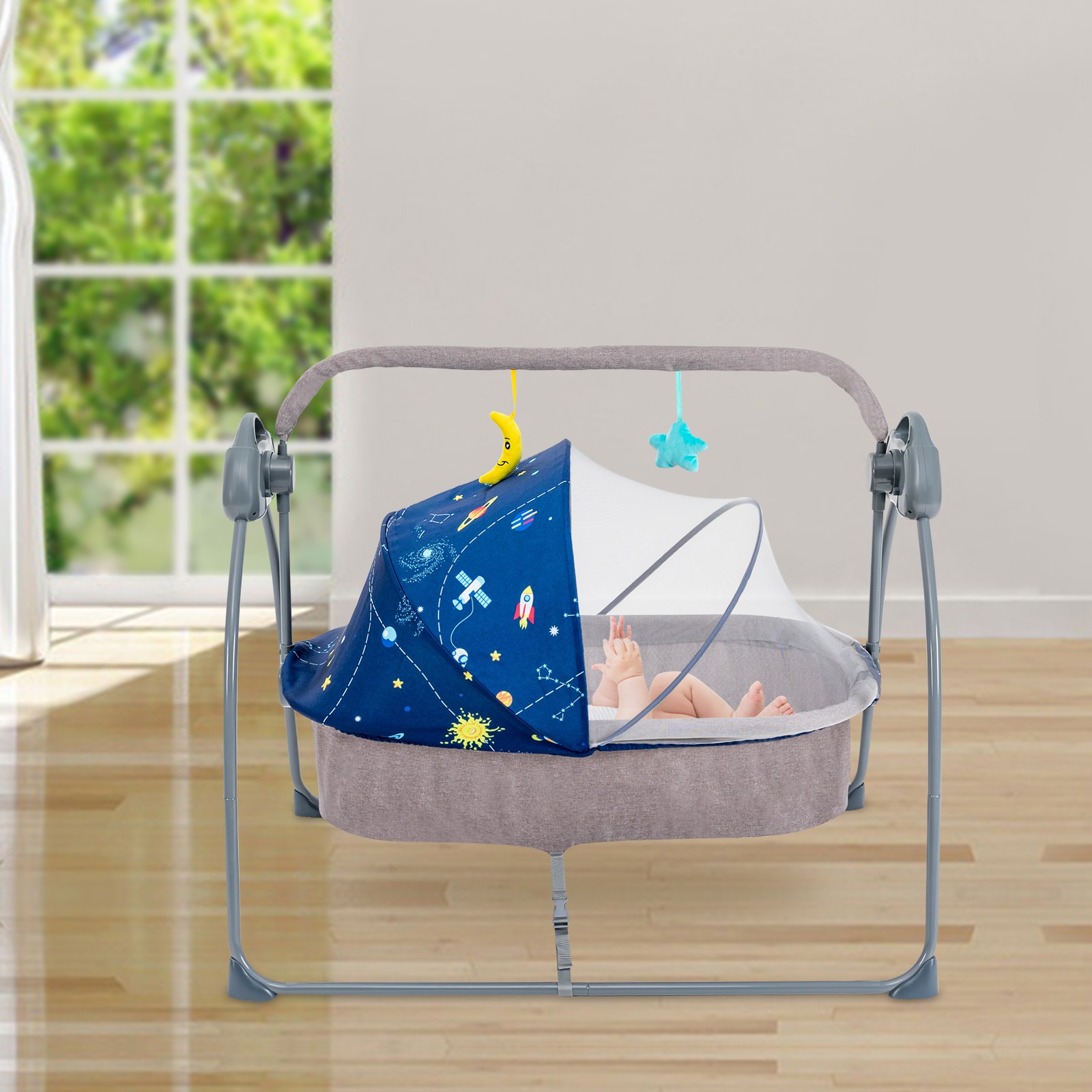 Electric Baby Swing Bluetooth Music Cradle Motorized Rocker Chair 55lbs W/ 2Toys