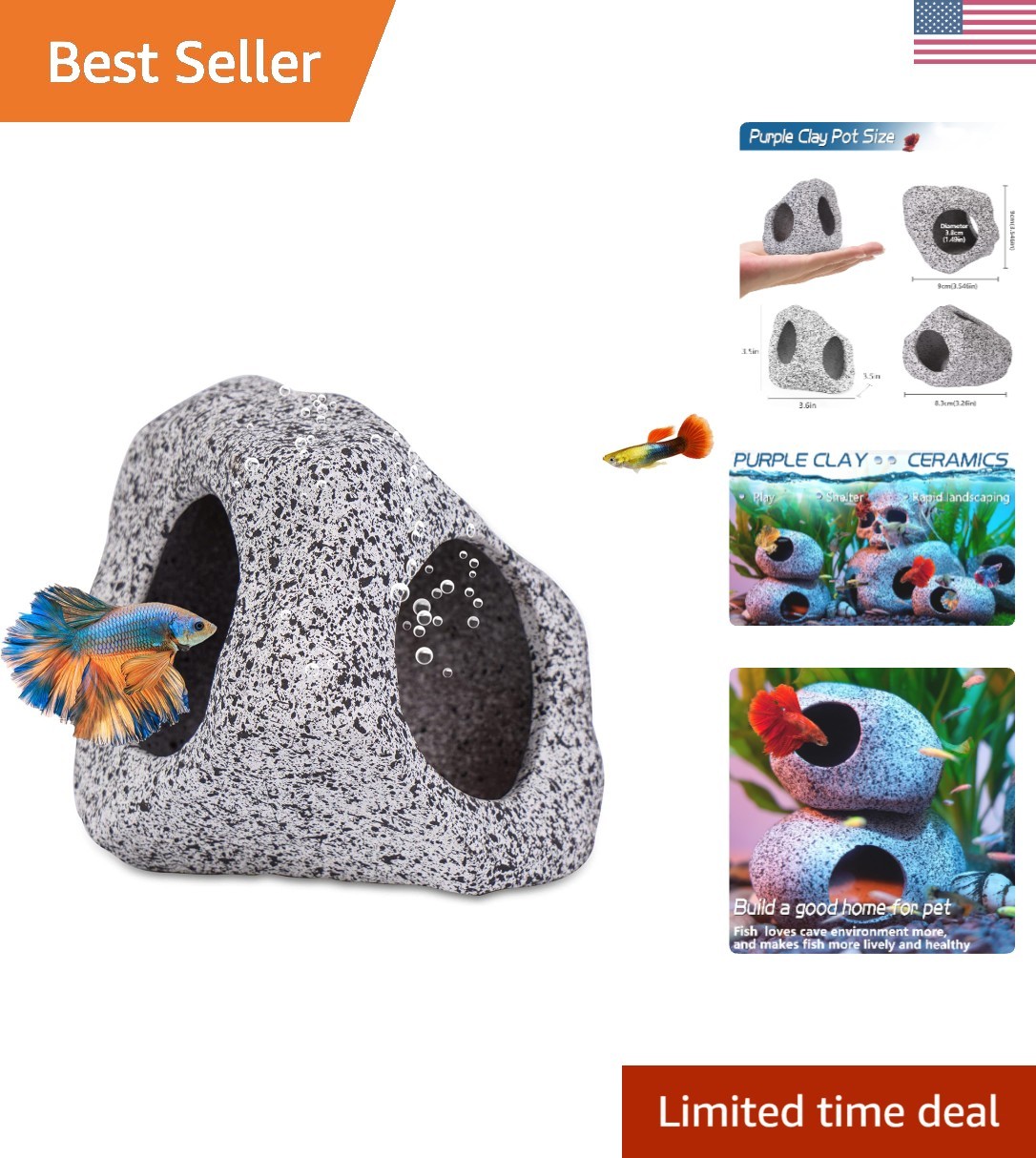 Medium Ceramic Aquarium Cave Decor - Natural Hideout for Betta & Shrimp