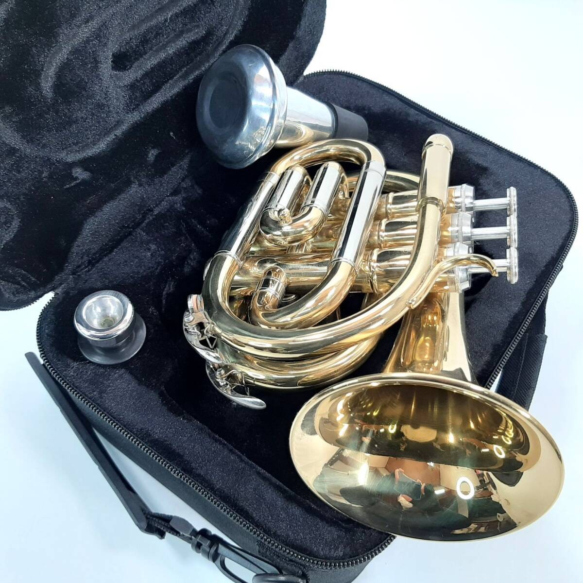 SELVA SPTR-100 pocket trumpet with mouthpiece, case, and mute