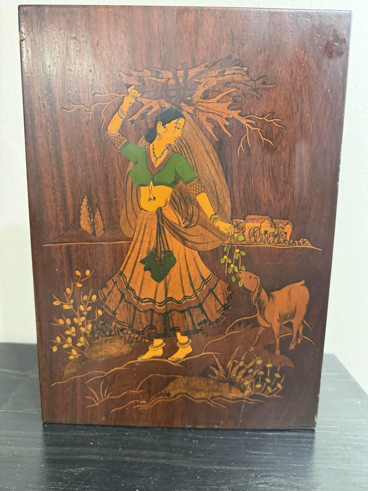 Vintage Hand Painted Indian Folk Art Wooden Panel Village Woman 