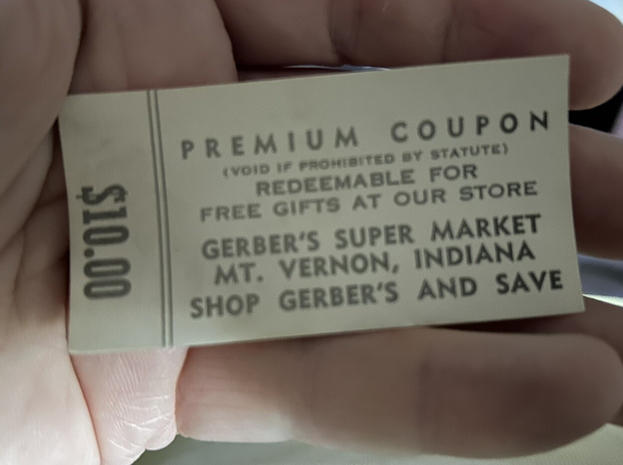 Vtg. Store Coupon Gerber’s Super Market Mt. Vernon IN Worth $10 Probably 1960s