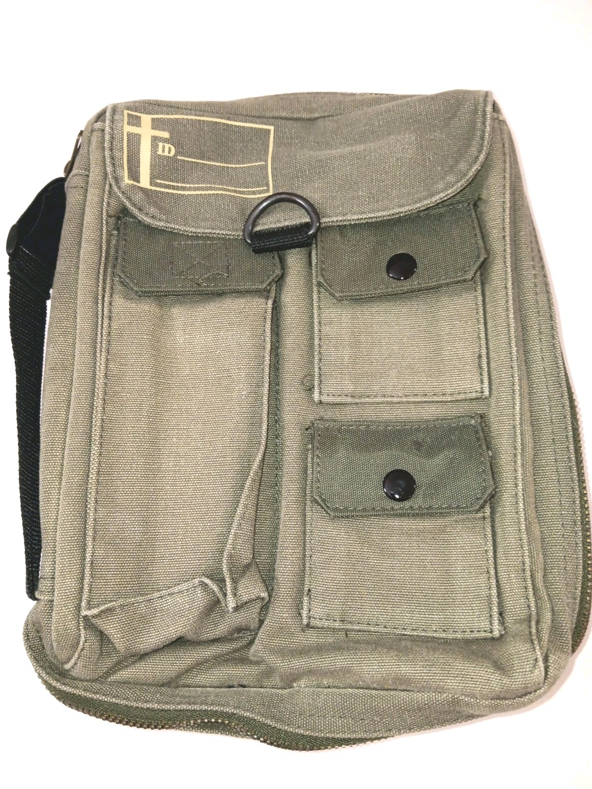 Compartmented Zipper OD Green Canvas Bible / Book Cover  11" x 8" x 3"