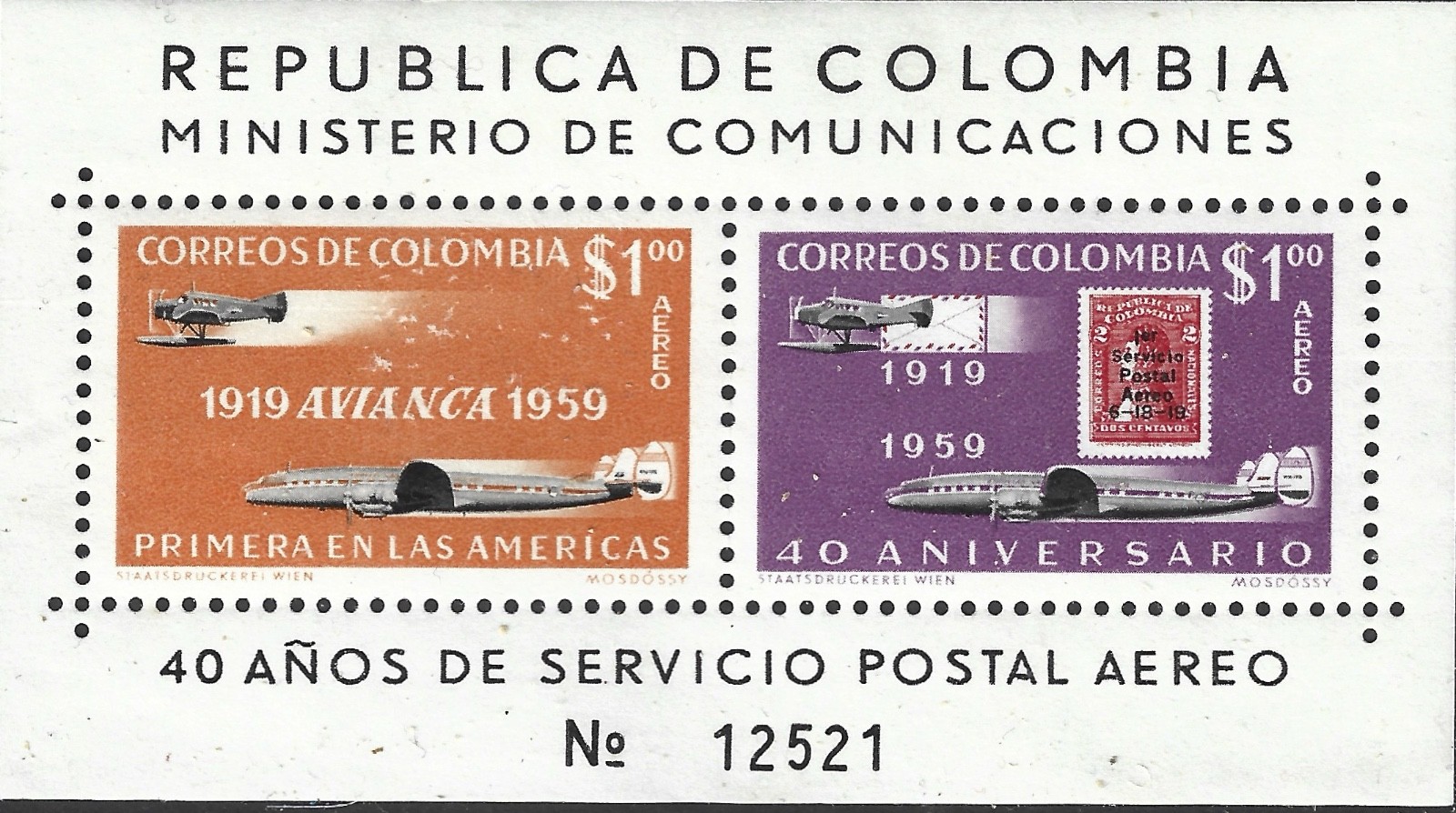 Colombia 1959 #C349 40 Years of Colombian Air Mail Service - MNH