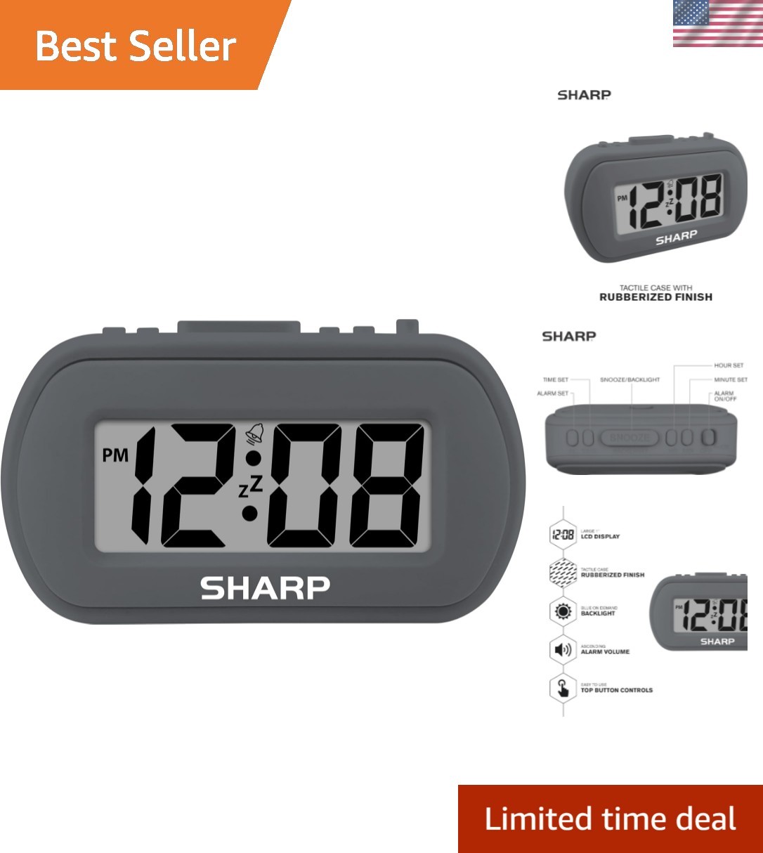 Digital Alarm Clock – Tactile Plastic Case with Soft Rubberized Finish - Batt...