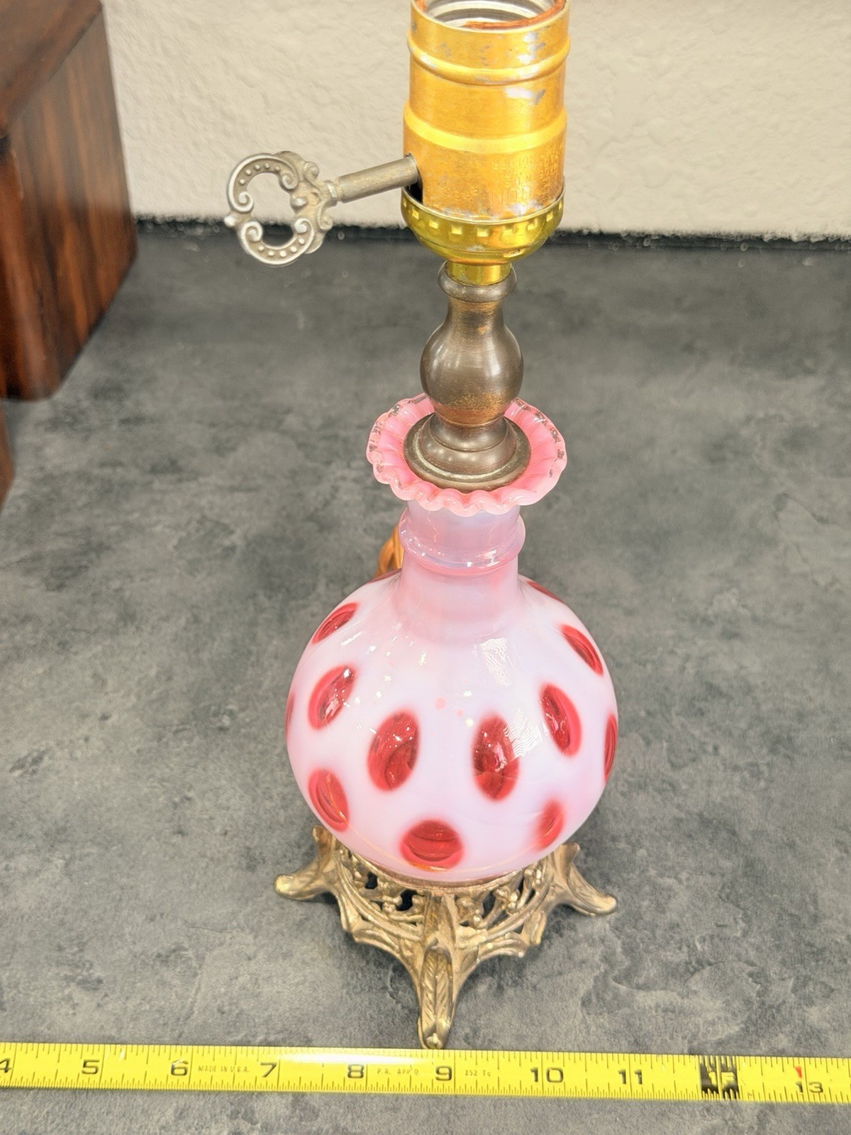 MCM Fenton Cranberry Opalescent Pink/Red Coin Dot Lamp Base With Brass 