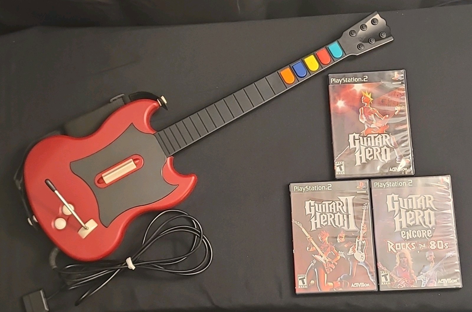 Red SG Guitar Hero Wired Controller & 3 PS2 Games Lot GH1, GH2, and 80's