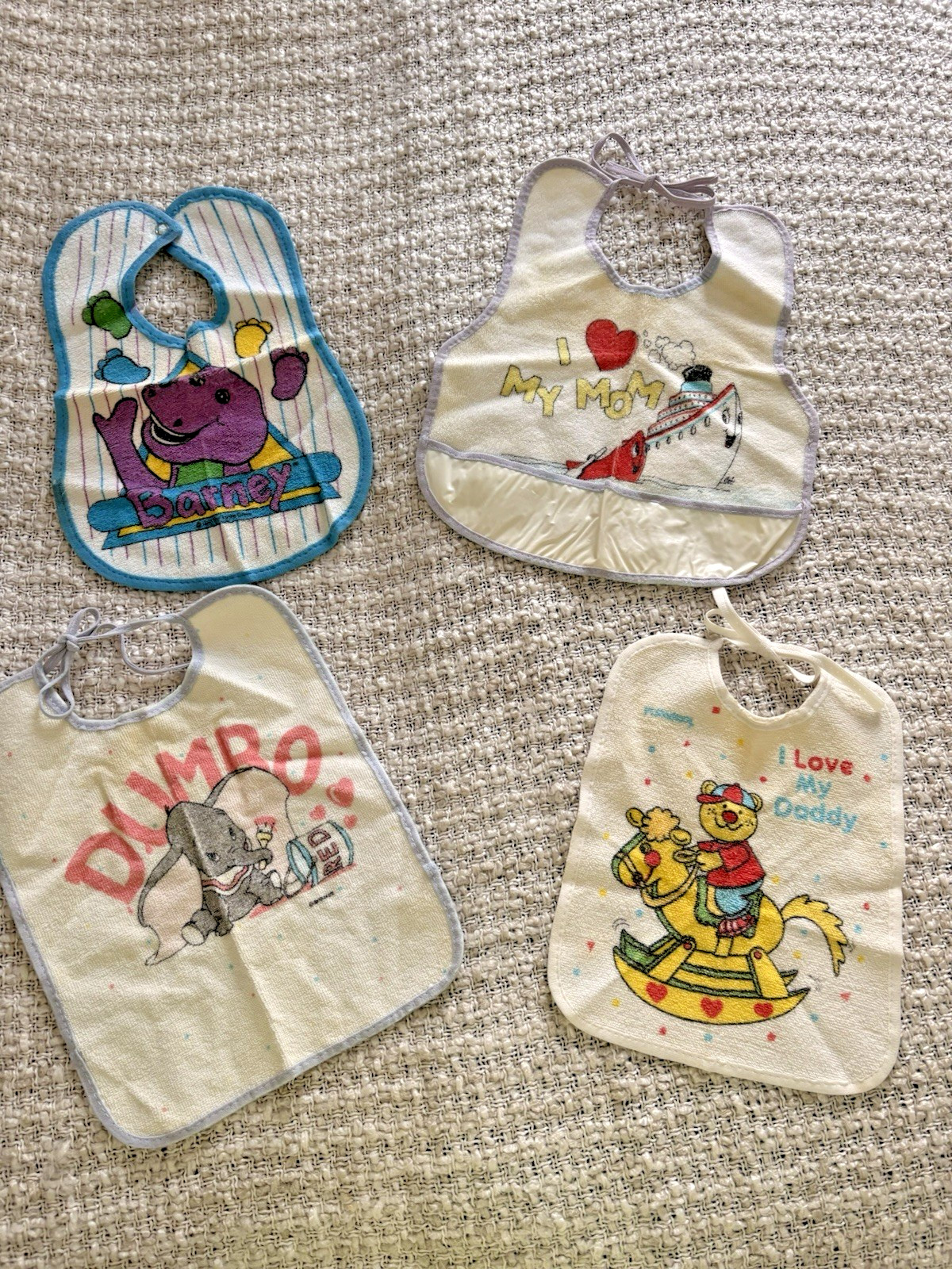 Vtg Lot 4 Baby Bibs Terry Cloth Plastic Lined BARNEY DUMBO I LOVE MOMMY DADDY