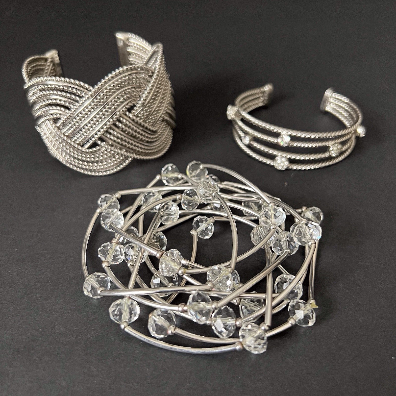 11 Pc COOKIE LEE Bracelets Crystal Silvertone Twisted Rope Layered Bands Stretch