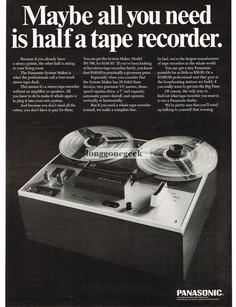 1967 Panasonic System Maker Model RS-766 Four Track Stereo tape Deck VINTAGE Ad