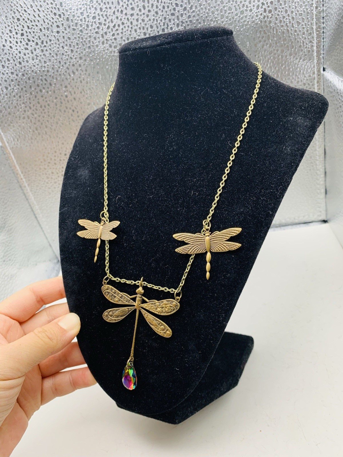 Bronze Tone Boho Fairy Cottagecore Enchanted Dragonfly Statement 18” Necklace