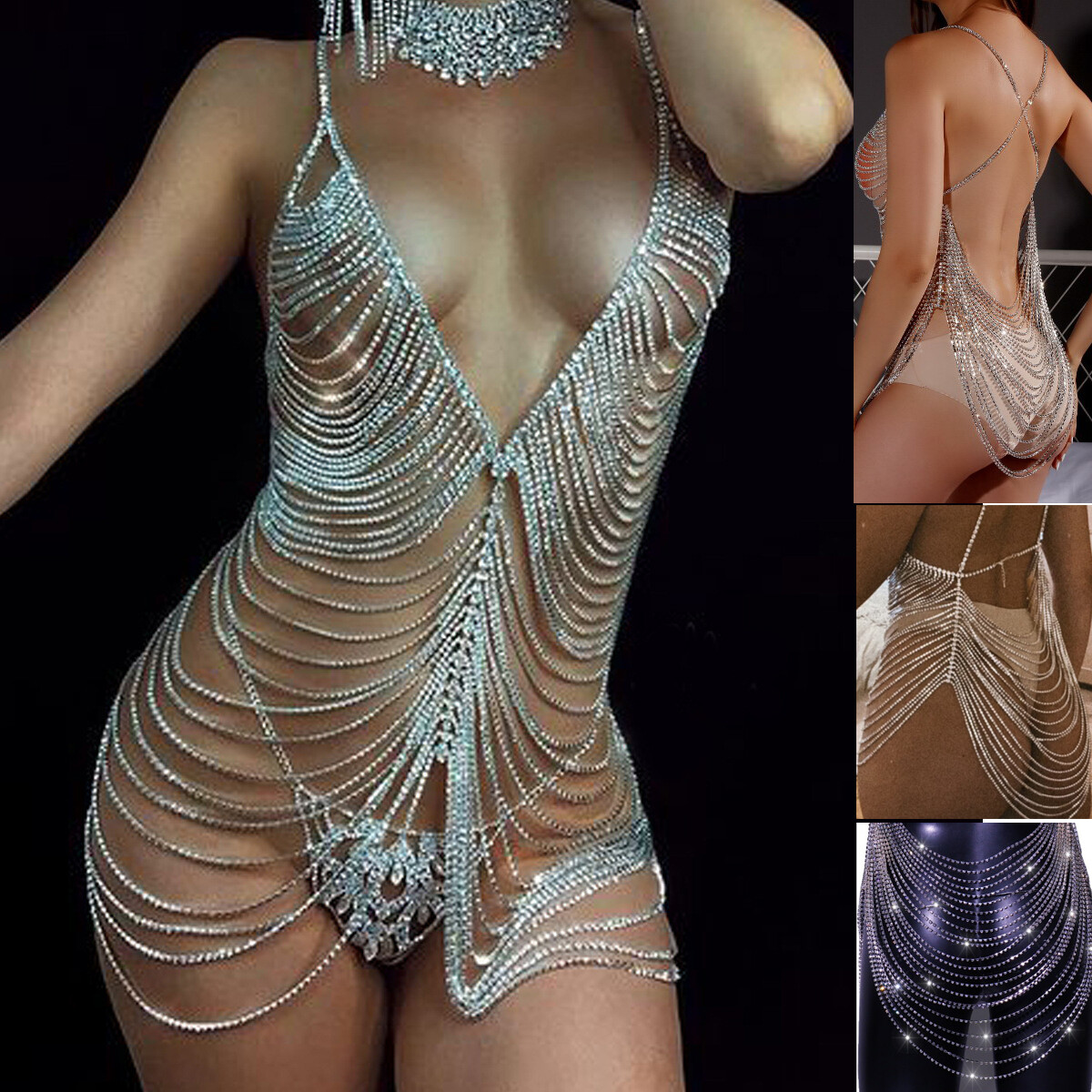 Women Rhinestone chest Butterfly Tassels Jewel Show Bling Body Chain Vest 26021