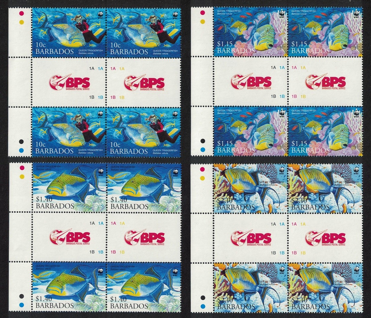 Barbados WWF Queen Triggerfish Diving Fish 4 Gutter blocks 2006 MNH
